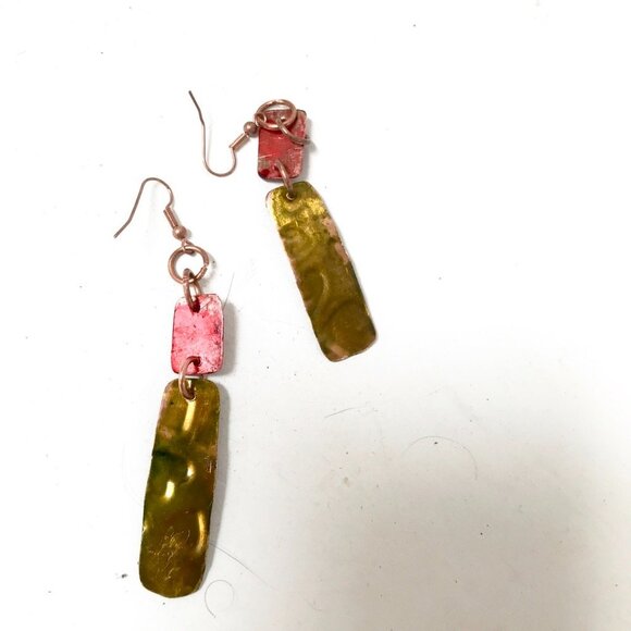 Green Red Pure Hand Painted Solid Copper Dangle Earrings Boho Christmas Gift - Picture 11 of 13